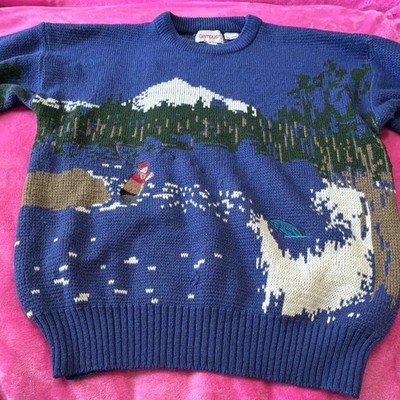 Campus Men's L Blue Acrylic Knit Pullover Crew Neck Fishing Scene Sweater