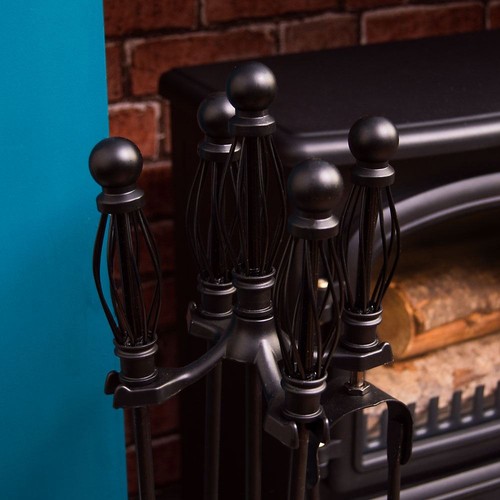 Set Compagno Nero 5 Pezzi Utensile Antincendio Vintage Caminetto Posto Ferro Manico Torto - Foto 4 di 6