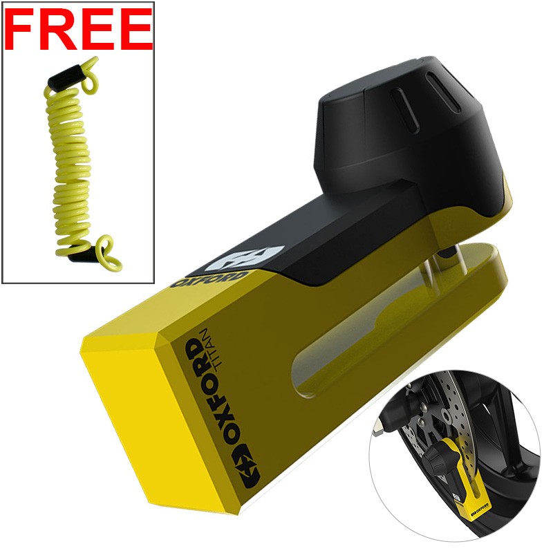 Oxford Alloy 10MM Titan Motorbike Disc Lock Brake Yellow + Free Reminder 1.5M