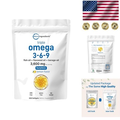 Non-GMO Ultra Omega 3-6-9 Softgels - 300 Count for Heart & Brain Health