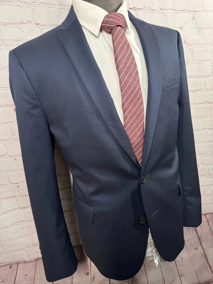 J.FERRAR Para Hombres Azul Marino CALCE CEÑIDO PICO SOLAPA Traje Abrigo Deportivo Blazer Chaqueta 42S Foto 3 de 4