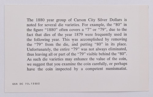 GSA COA Certificate Die Varieties 79/80 Numismatist Advice card 73.13502
