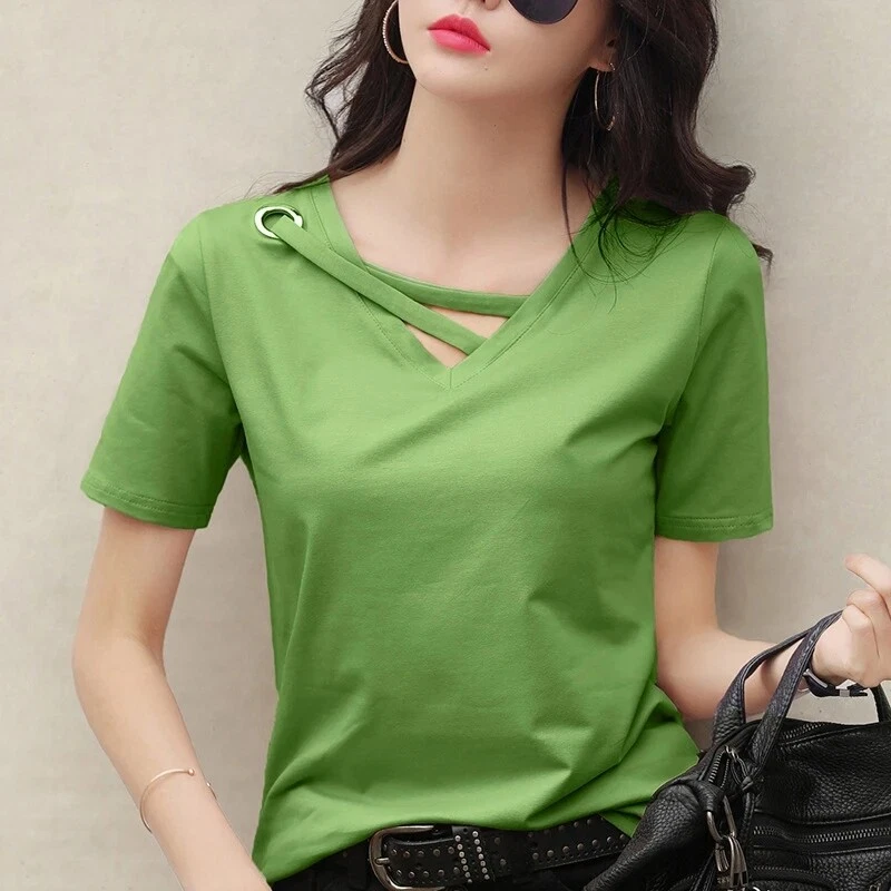 2023 summer short sleeve women t-shirt women V-neck Korean top casual trend