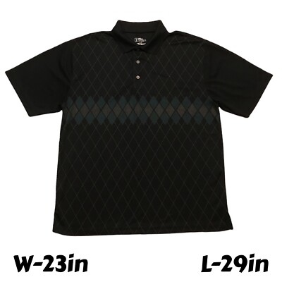 PGA Tour Golf Button Polo Shirt Black Grey Blue Geometric Design Sz Large  EUC