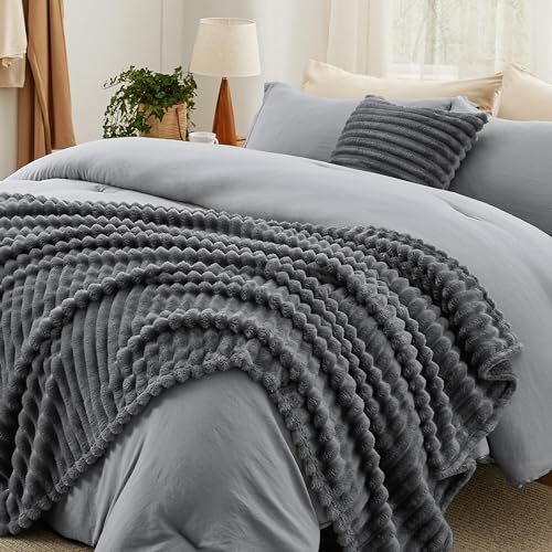 Comforter Set 5 Pieces - Bed in a Bag with Throw Queen 09 - Dark Grey - 5pcs-image