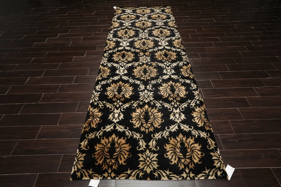 Runner Hand Knotted Wool & Silk Damask Tibetan Area Rug Black Gold 3'11" x 11'9" - Image 2 of 4