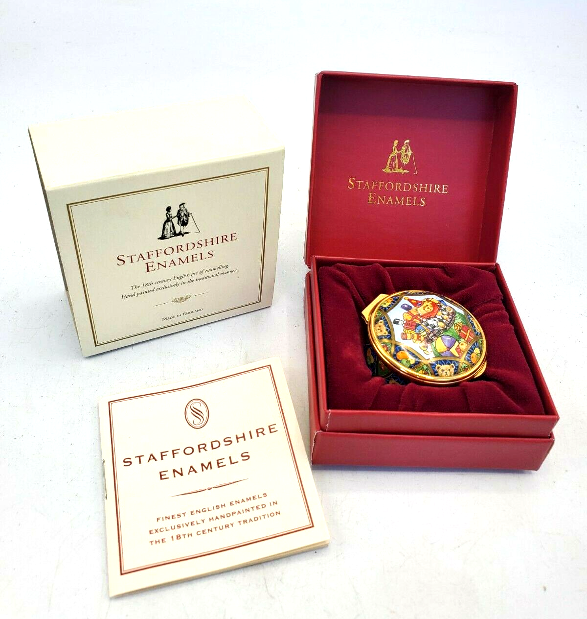STAFFORDSHIRE ENAMELS ENGLAND CHRISTMAS 1998 Teddy Presents TRINKET / PILL BOX