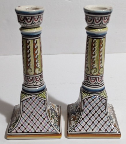 2 - Vintage Handpainted Pottery Candlesticks - Portugal Signed by Artist - Flaw - Picture 5 of 11