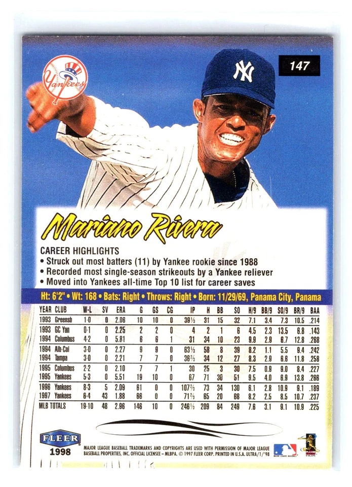 1998 Fleer Ultra #147 Mariano Rivera New York Yankees - Image 2 of 2