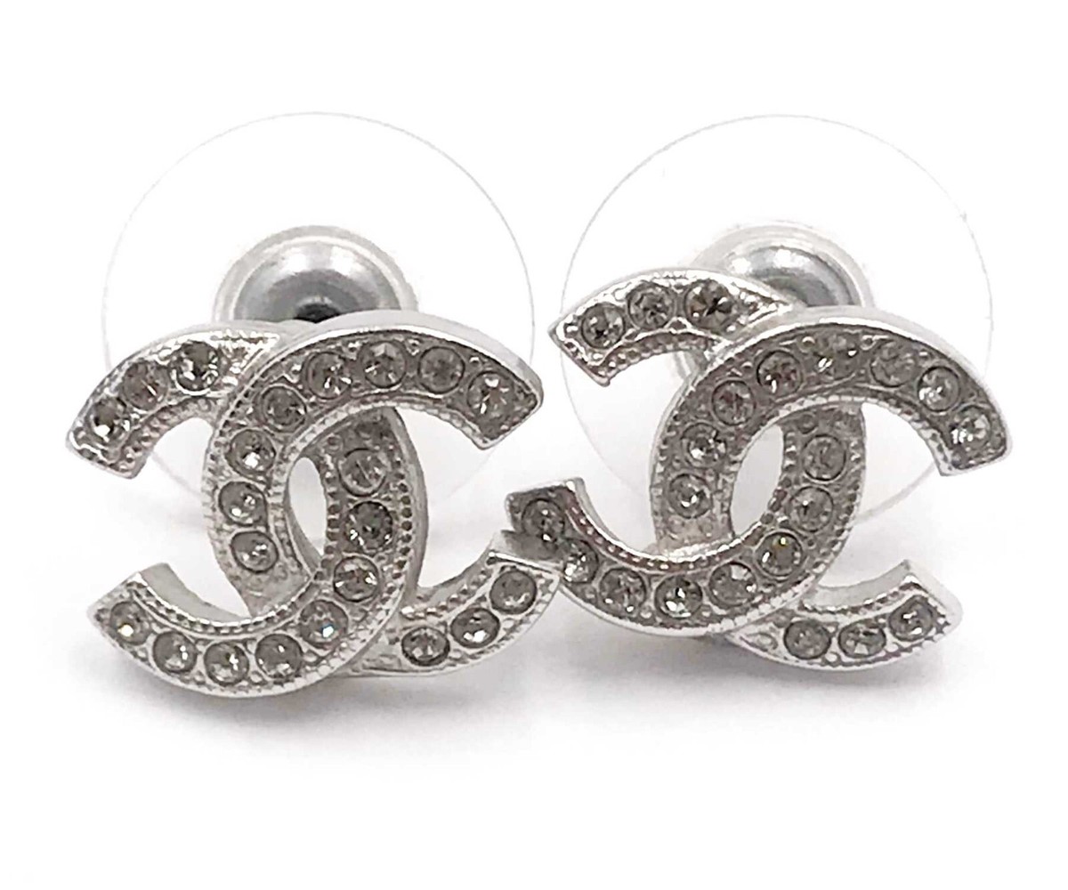 Chanel Classic Silver CC Crystal Reissued Piercing Earrings