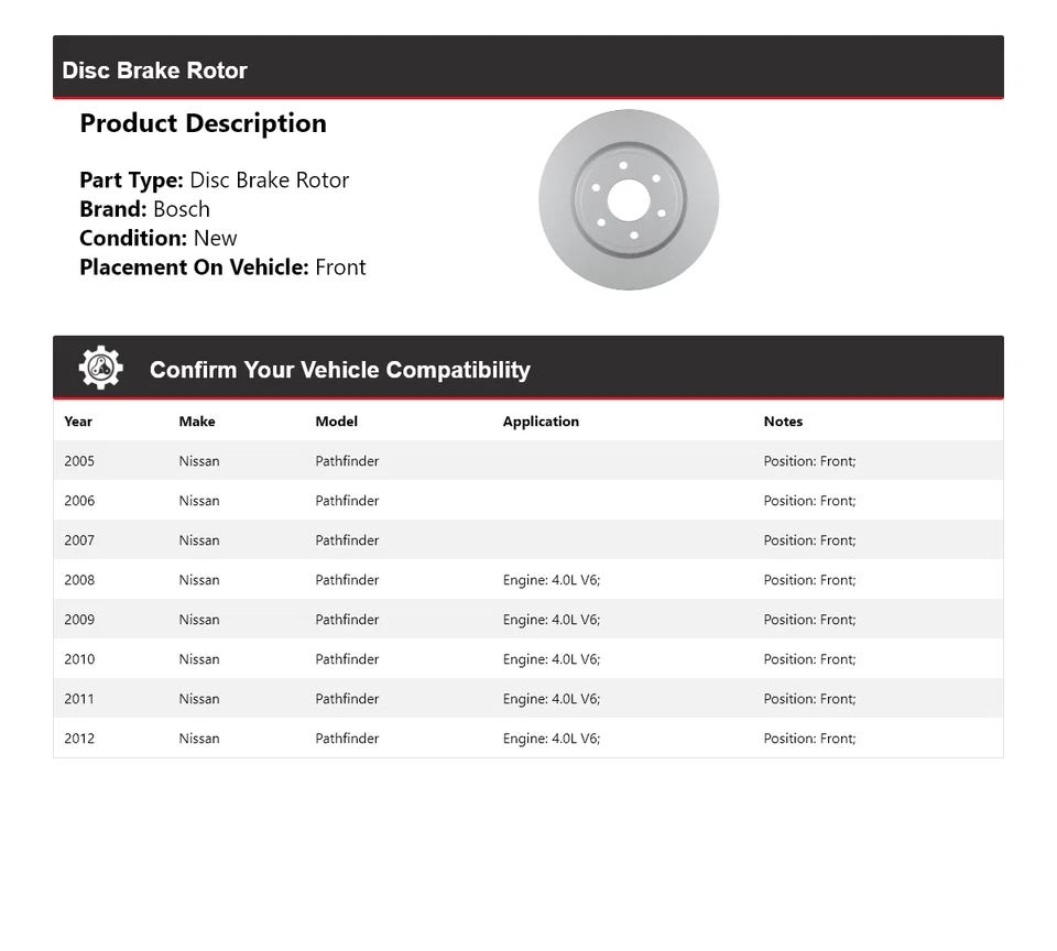 Rotor de freno de disco delantero para Nissan Pathfinder Bosch QuietCast 2005-2012 2006 2007 Foto 2 de 4