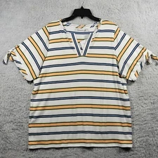 Rafaella Shirt Womens 1X Yellow Blue Striped Short Sleeve V Neck NWT