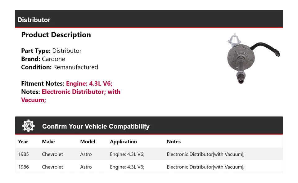Para Chevrolet Astro 1985-1986 4,3 L V6 distribuidor Cardone Foto 2 de 3