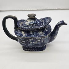 Historical Blue Staffordshire Teapot Castle Toward Scene J Hall Sons 1825