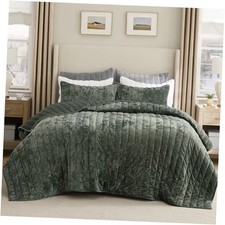 Velvet Quilt King Size Set - 108"x96" King/Cal King 04 - Olive Green