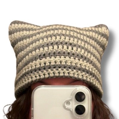 Gray Stripey Cat Ear Beanie, Handmade Crochet, Adult Size, Trendy Hat