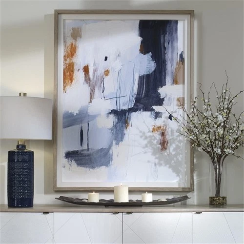 Uttermost Variant Linen and Pine Wood Abstract Framed Print in Blue/Orange/White - Picture 1 of 7