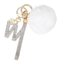 Initial Letter W Keychain with Pom and Rhinestone Wristlet, White