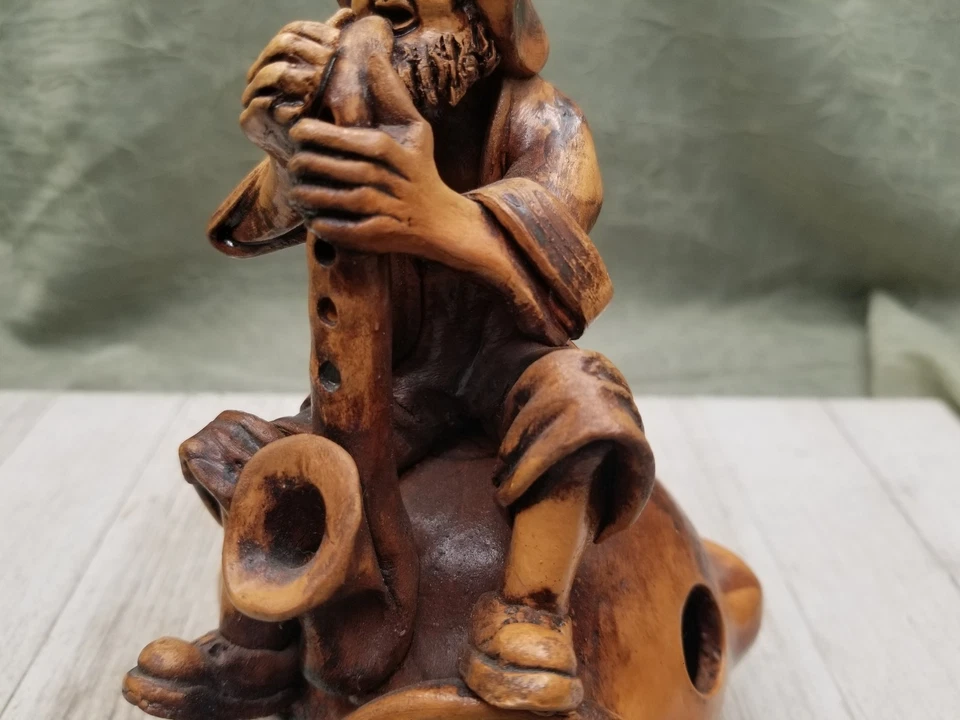 Vintage Brown Clay Hobo Tramp Man Playing Saxophone Musical Cone Incense Burner - Изображение 3 из 4