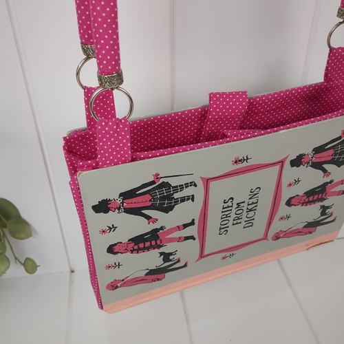 Vintage Stories From Dickens Buch Handtasche Literatur Tasche Rosa Handarbeit Clutch Stoff - Bild 2 von 13