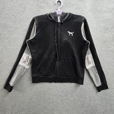 PINK Victoria's Secret Women Hoodie S  Black Fleece Dog Sequin Bling Campus