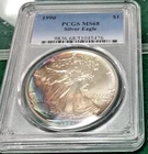 1990 Silver Eagle $1 Beautiful Crazy Rainbow PCGS MS68, Fresh Holder