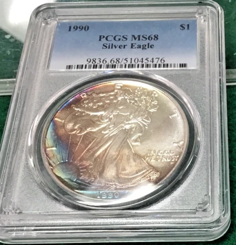 1990 Silver Eagle $1 Beautiful Crazy Rainbow PCGS MS68, Fresh Holder