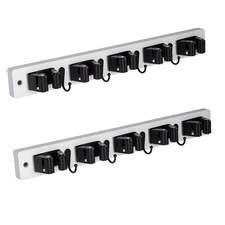 2 Pack Broom Holder Wall Mount With 5 Slots & 4 Hooks，Rustic Wood Broom &