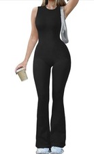 Women Yoga Jumpsuits Ribbed Crew Neck Sleeveless Bell Bottoms Flare Jumpsuits L