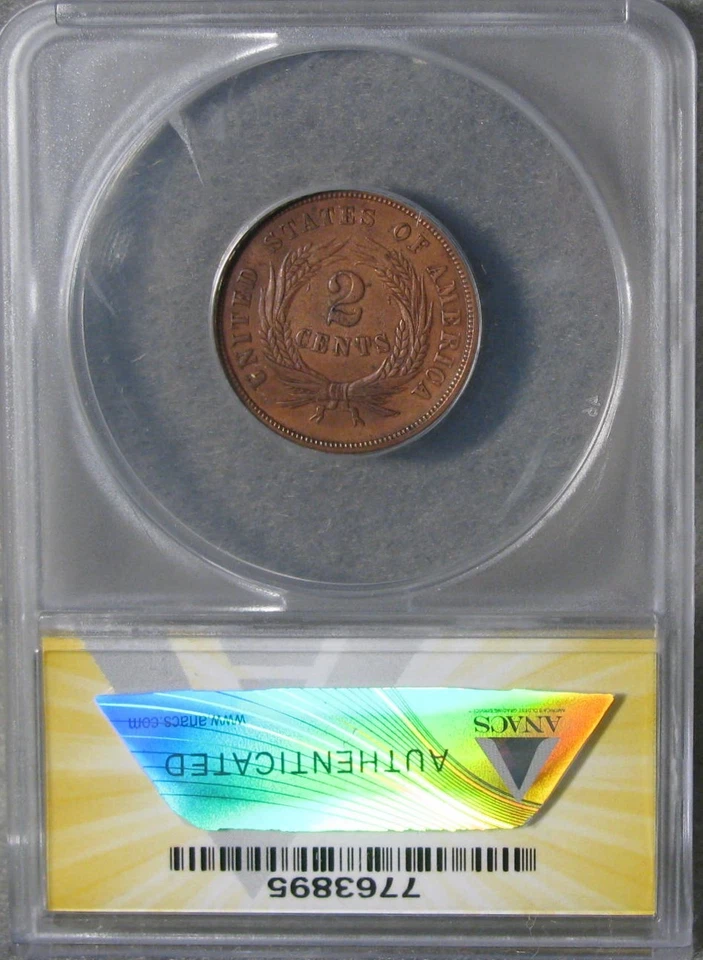 1864 Small Motto Two Cent Piece ANACS AU-50 Details ~ US Coin #648 - Image 4 of 4