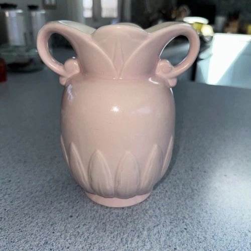 Red Wing Pottery Vintage Lotus Double Handled Vase Sea Foam Pink