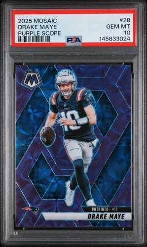 2025 Panini Mosaic Drake Maye #28 Purple Scope Prizm Patriots QB1 PSA 10