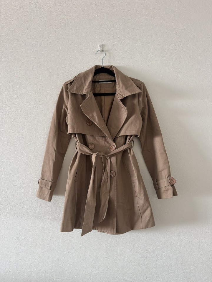 Vintage Mid Length Trench Coat Size 6 Mushroom Brown Tie Waist Fully Lined Y2K