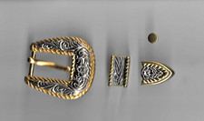 Gold and Silver Western Floral Design 3 Pcs 1 1/4 Wide Leather Belt Buckle Set