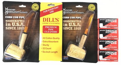 Missouri Meerschaum BENT STRAIGHT Corn Cob Pipe & Dills Cleaners & Medico Filter