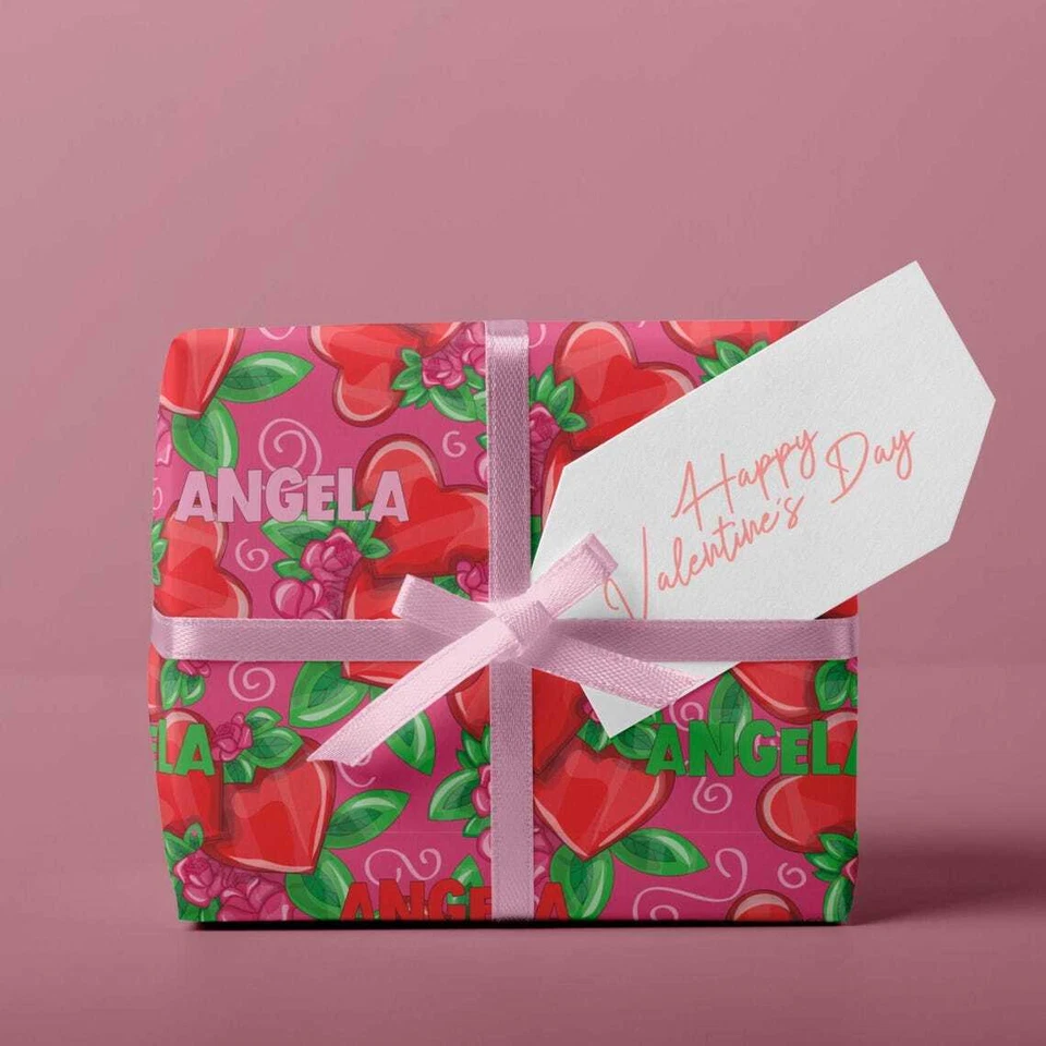 Floral Name Personalized Gift Wrapping Paper Birthday w/ Hearts Print Gift Wrap - Image 3 of 4