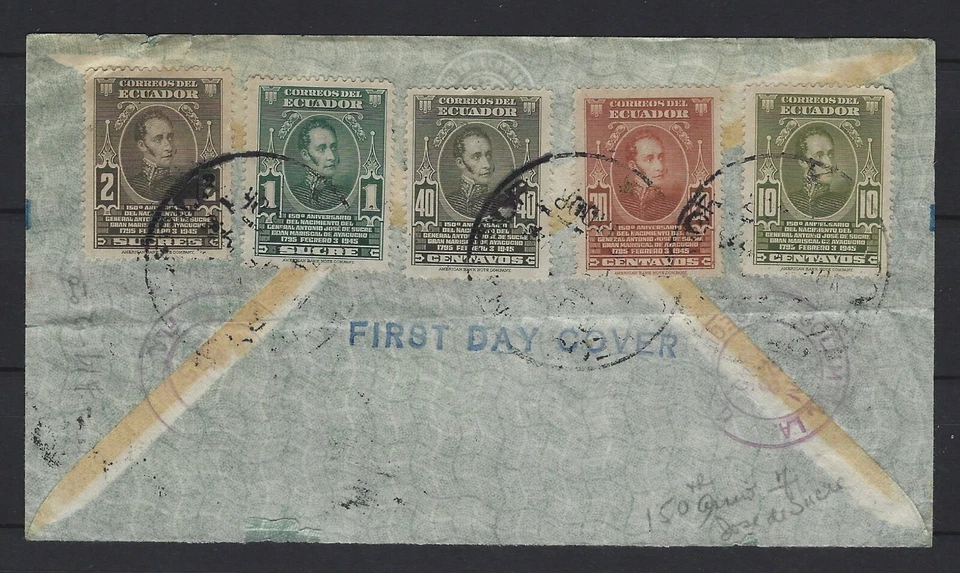 ECUADOR REG'D FDC 1945: 150TH ANN'Y BIRTH OF GEN SUCRE GRAND MARSHAL OF AYACUCHO - Image 2 of 2