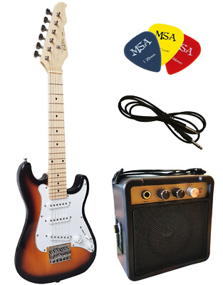 E-Gitarre für Kinder Mini 78cm - sunburst + Verstärker MA05 + 3Pik + Style 1