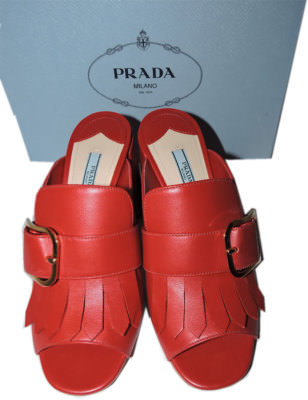 Prada Sandals Kiltie Fringe Mules Buckle Slide Block Heel Shoe RED
