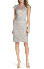 TADASHI SHOJI Grey Pink Nude Embroidered Scalloped Sheer Illusion Dress 2 = XS