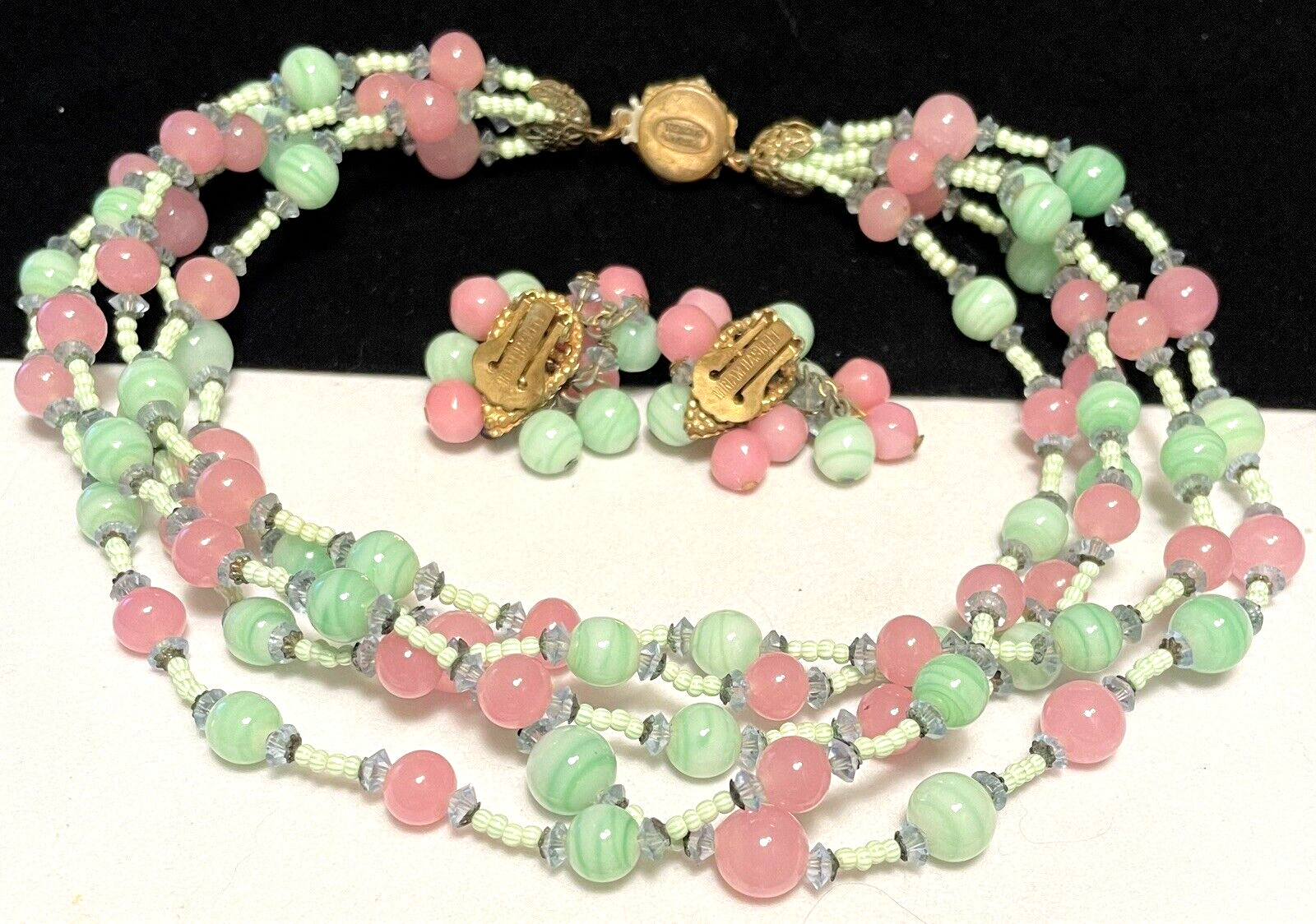Miriam Haskell Signed Set Rare 1950's Pink Green … - image 2