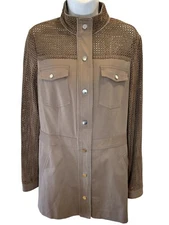 CARLISLE New York Jacket Size 4 SMALL Tan Mesh Laser Cut Suede Band Collar Midi