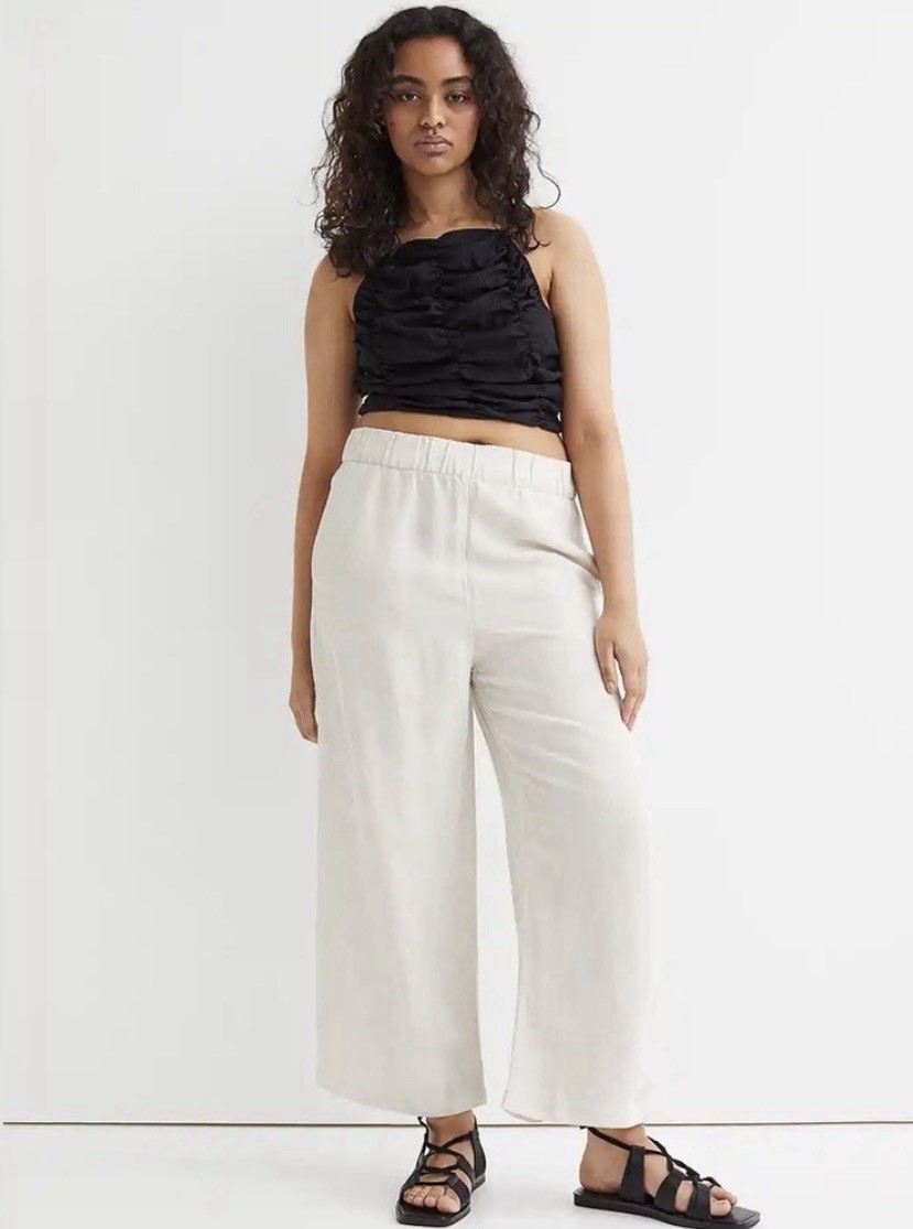 H&M Women's Beige Linen Blend Pants Elastic Waist Flat Front Wide-Leg Size L