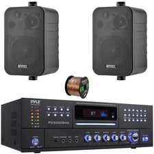 Pyle PD3000BAH FM Stereo Receiver, 2x 4" 30W 3-Way Indoor/Outdoor Black Speakers