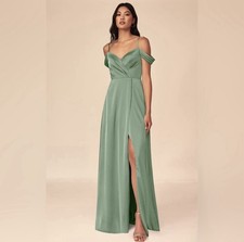 Azazie Ocean Stretch Satin Off Shoulder Bridesmaid Dress Matcha A12