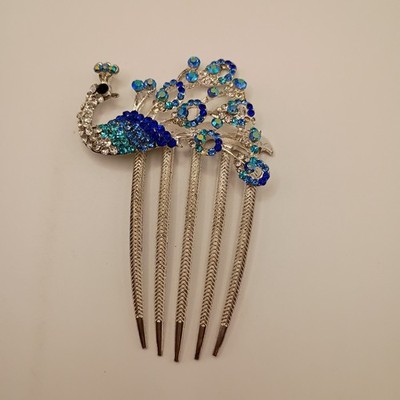 Vintage Blue Aurora Borealis Peacock Hair Comb Silver Tone READ
