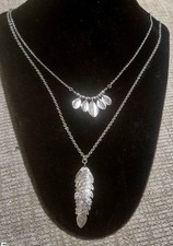  Boho Layered Silver Tone  2 In Feather Leaf Pendant 31 In Necklace Solid Feel
