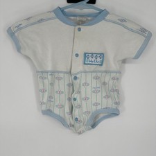 Vintage 90s Baby Dior Airplane Print Romper Blue White Cotton Made in USA Medium