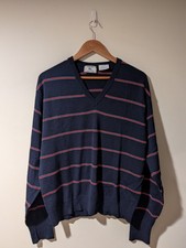 Vintage 70s Izod Lacoste V-Neck Pullover Sweater Wool Men's Large Blue Striped