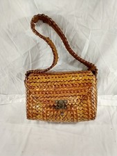 Vintage Hand Crafted Purse Wicker/Rattan Brass Closer Leather Lining 1950-60s